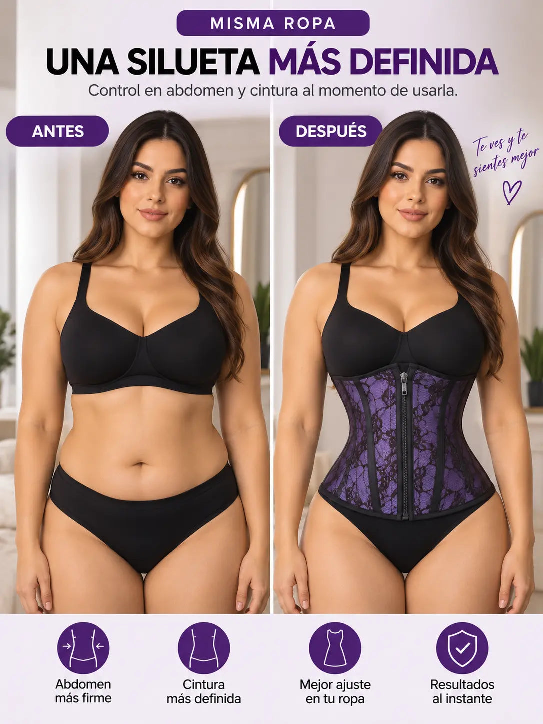 Antes y después con la misma ropa: abdomen más firme, cintura más definida