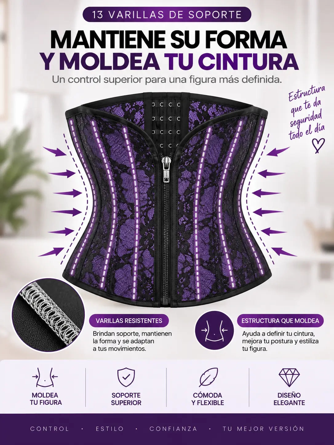 13 varillas de soporte: mantiene su forma y moldea la cintura