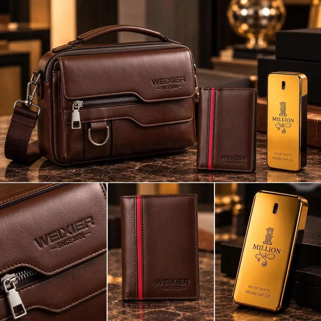 Bolso, billetera y perfume del Set Imperial, con detalles de cada pieza